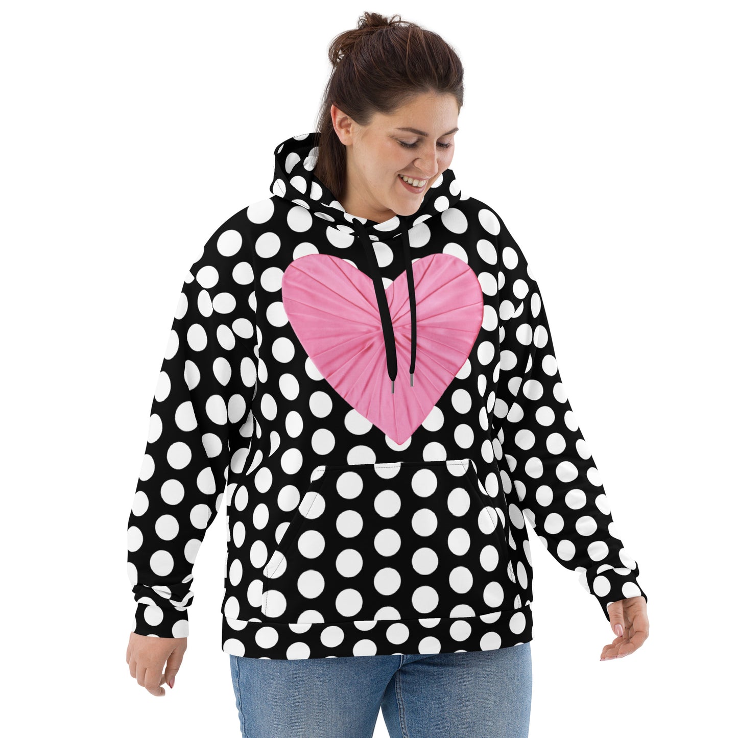 Recycled Nylon Les Polka Dots Black Hoodie With Pink Heart