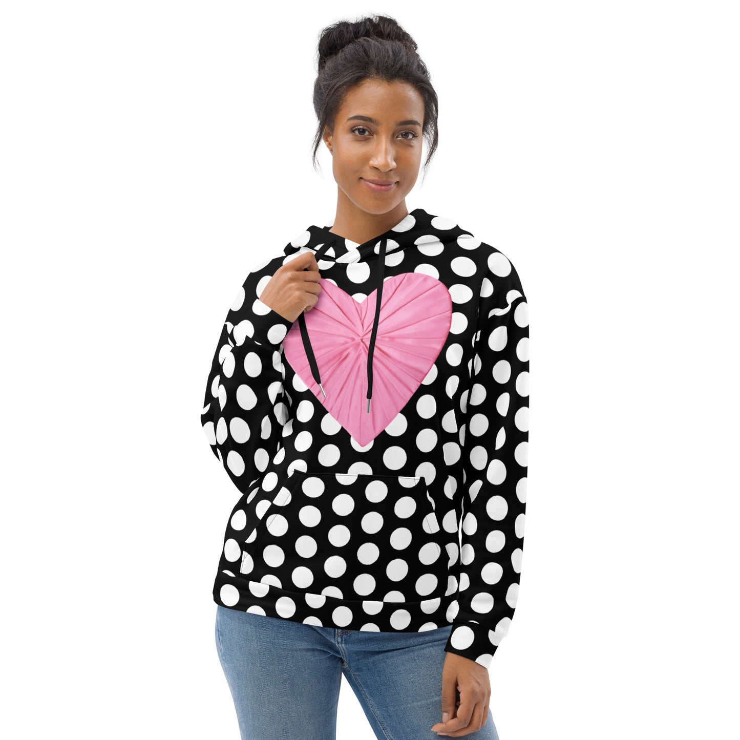 Recycled Nylon Les Polka Dots Black Hoodie With Pink Heart