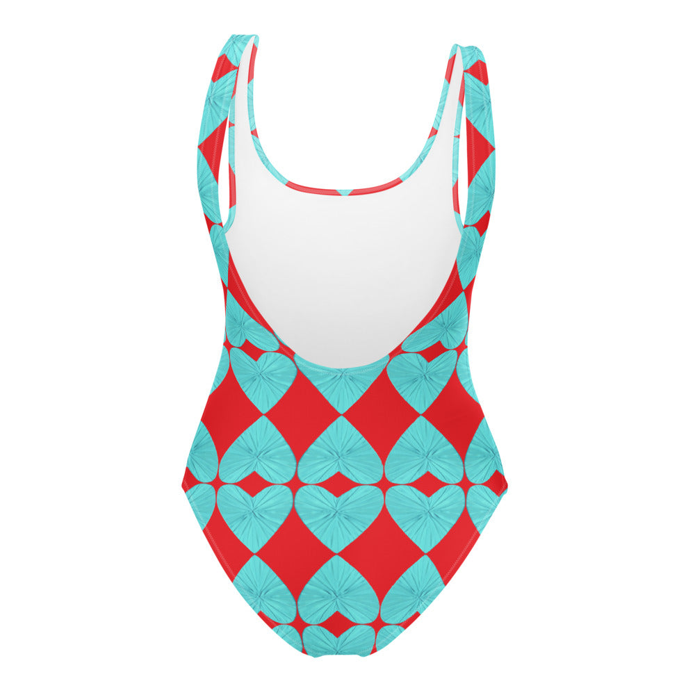 Harlequin Hearts Aqua and Red One Piece Swimsuit