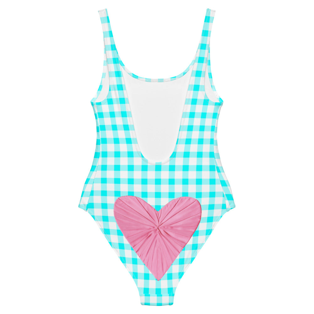 Gingham Bardot Aqua One Piece Swimsuit with Pink Heart