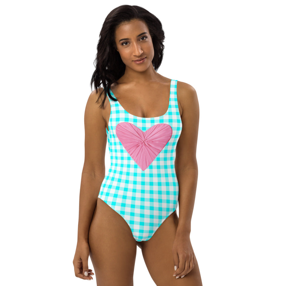 Gingham Bardot Aqua One Piece Swimsuit with Pink Heart