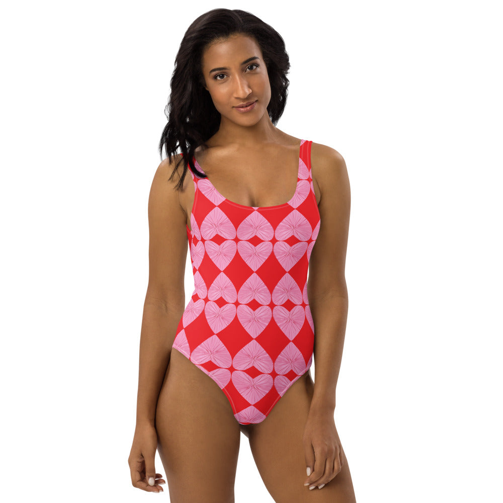 Harlequin Hearts Pink and Red One Piece Swimsuit