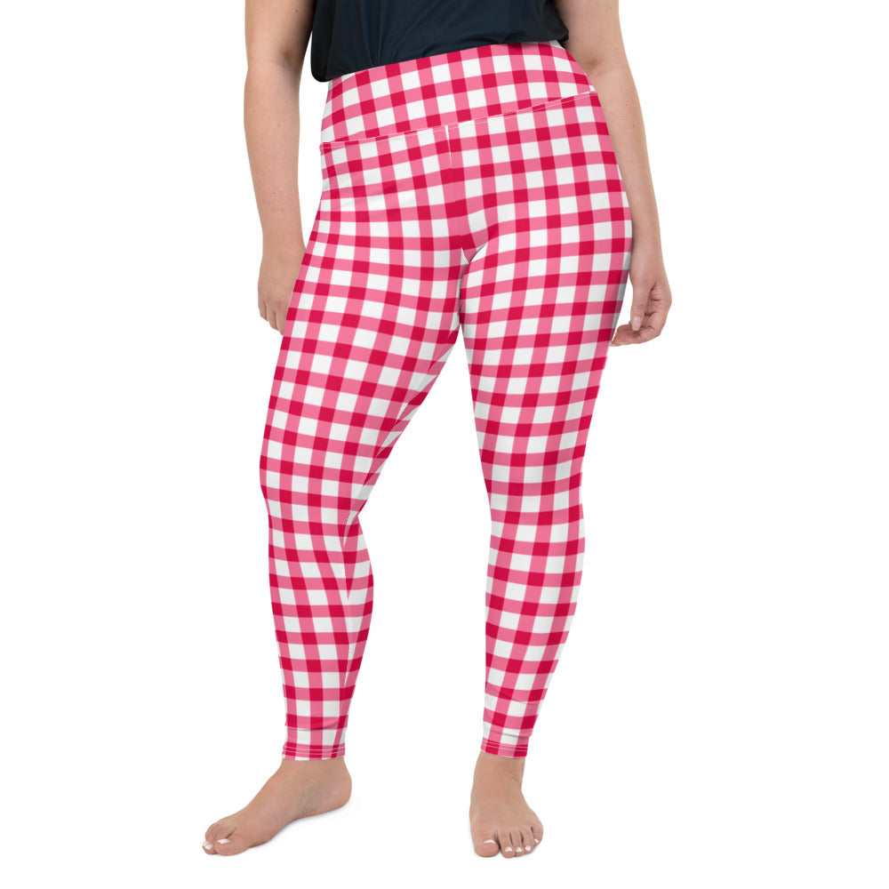 Gingham Pique-Nique Curve High Waisted Leggings in Red and White with Aqua Hearts