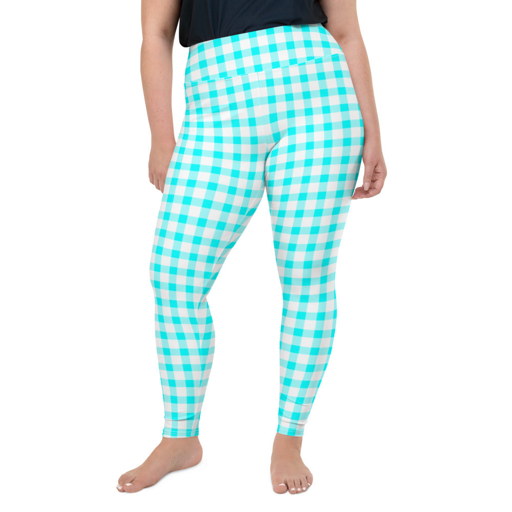 Gingham Bardot Curve High Waisted Leggings in Aqua and White with Pink Hearts