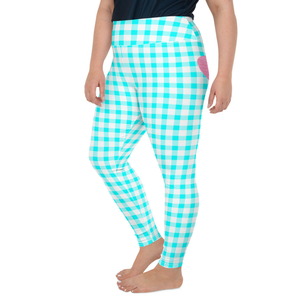 Gingham Bardot Curve High Waisted Leggings in Aqua and White with Pink Hearts