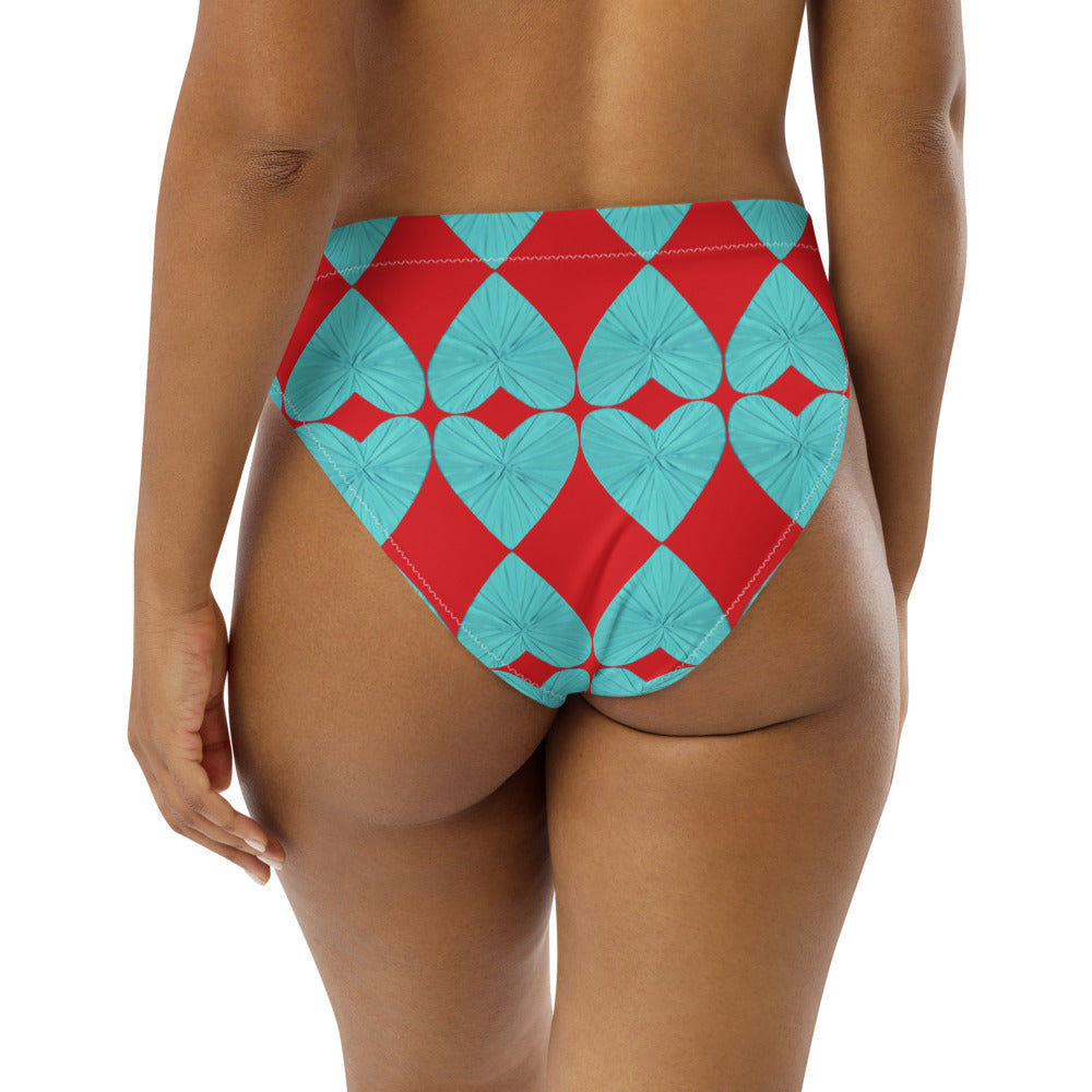Harlequin Hearts Aqua and Red High Waisted Eco Bikini Bottom