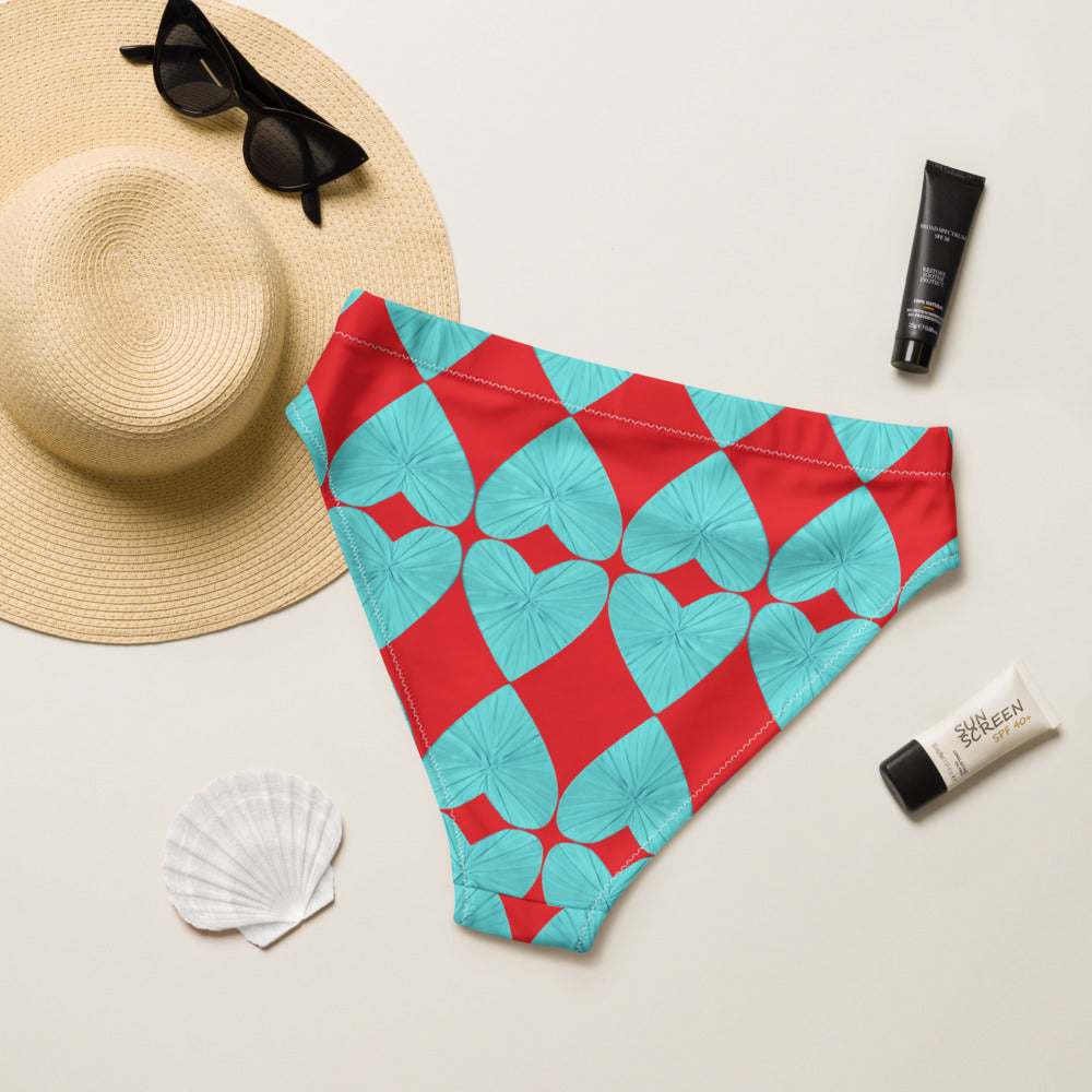 Harlequin Hearts Aqua and Red High Waisted Eco Bikini Bottom