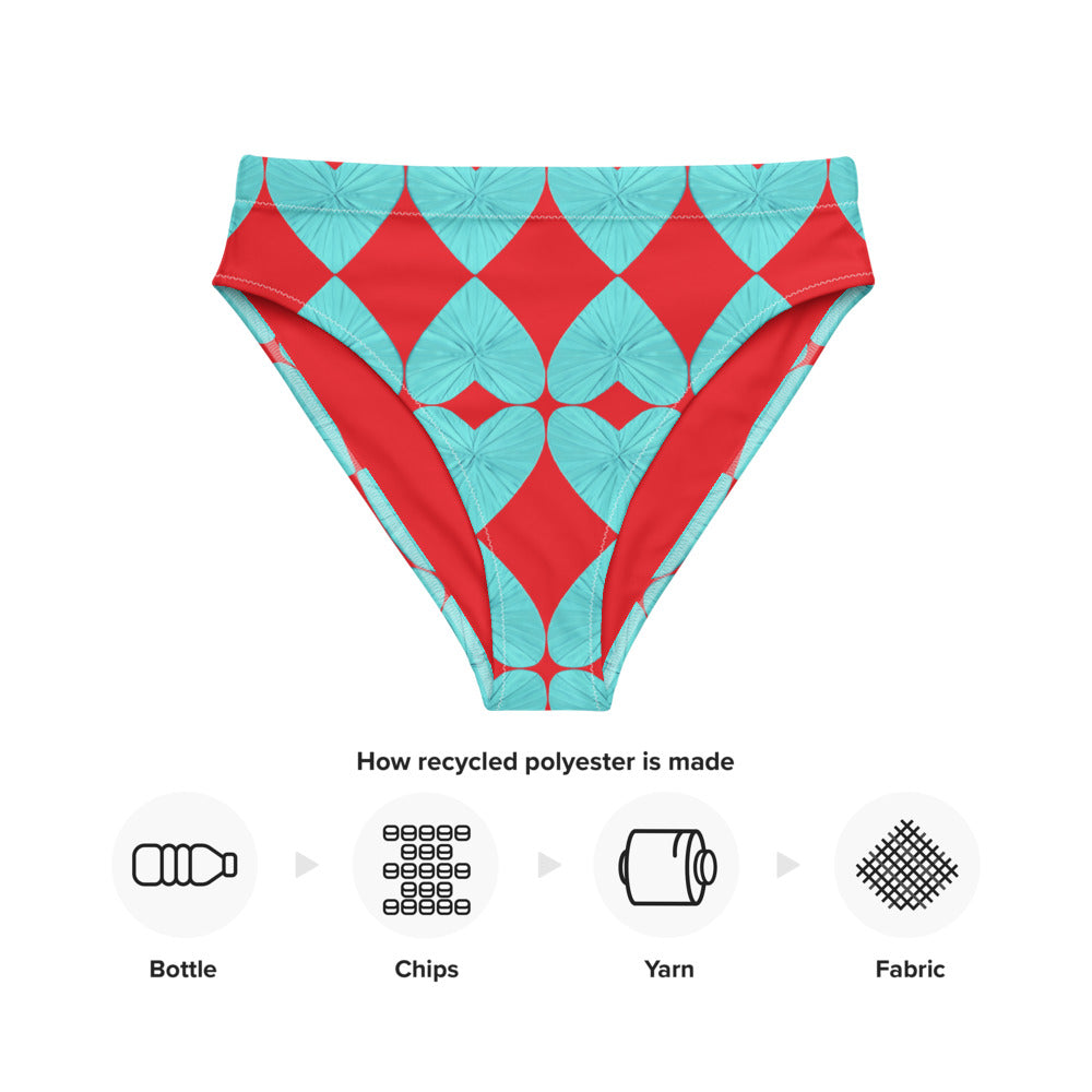 Harlequin Hearts Aqua and Red High Waisted Eco Bikini Bottom