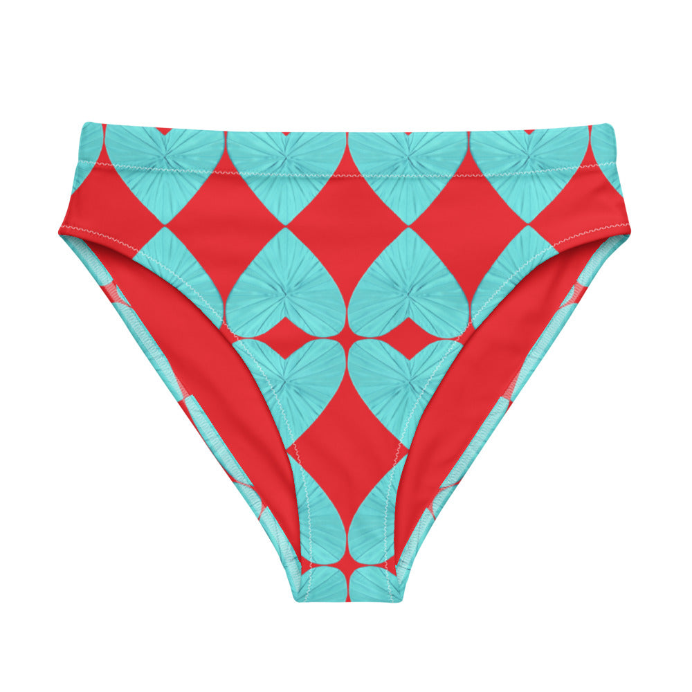 Harlequin Hearts Aqua and Red High Waisted Eco Bikini Bottom