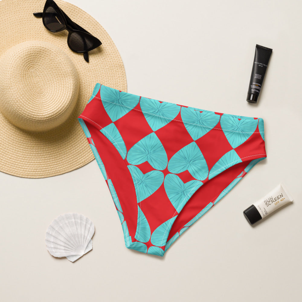 Harlequin Hearts Aqua and Red High Waisted Eco Bikini Bottom