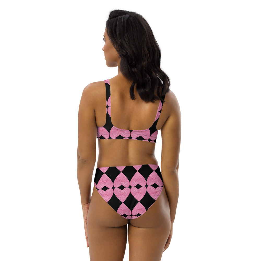 Harlequin Hearts Pink and Black High Waisted Eco Bikini