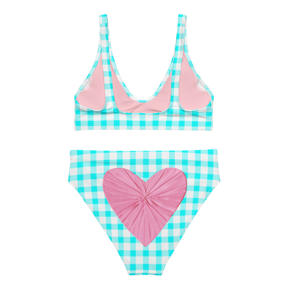 Gingham Bardot Aqua Eco High Waisted Bikini with Pink Hearts