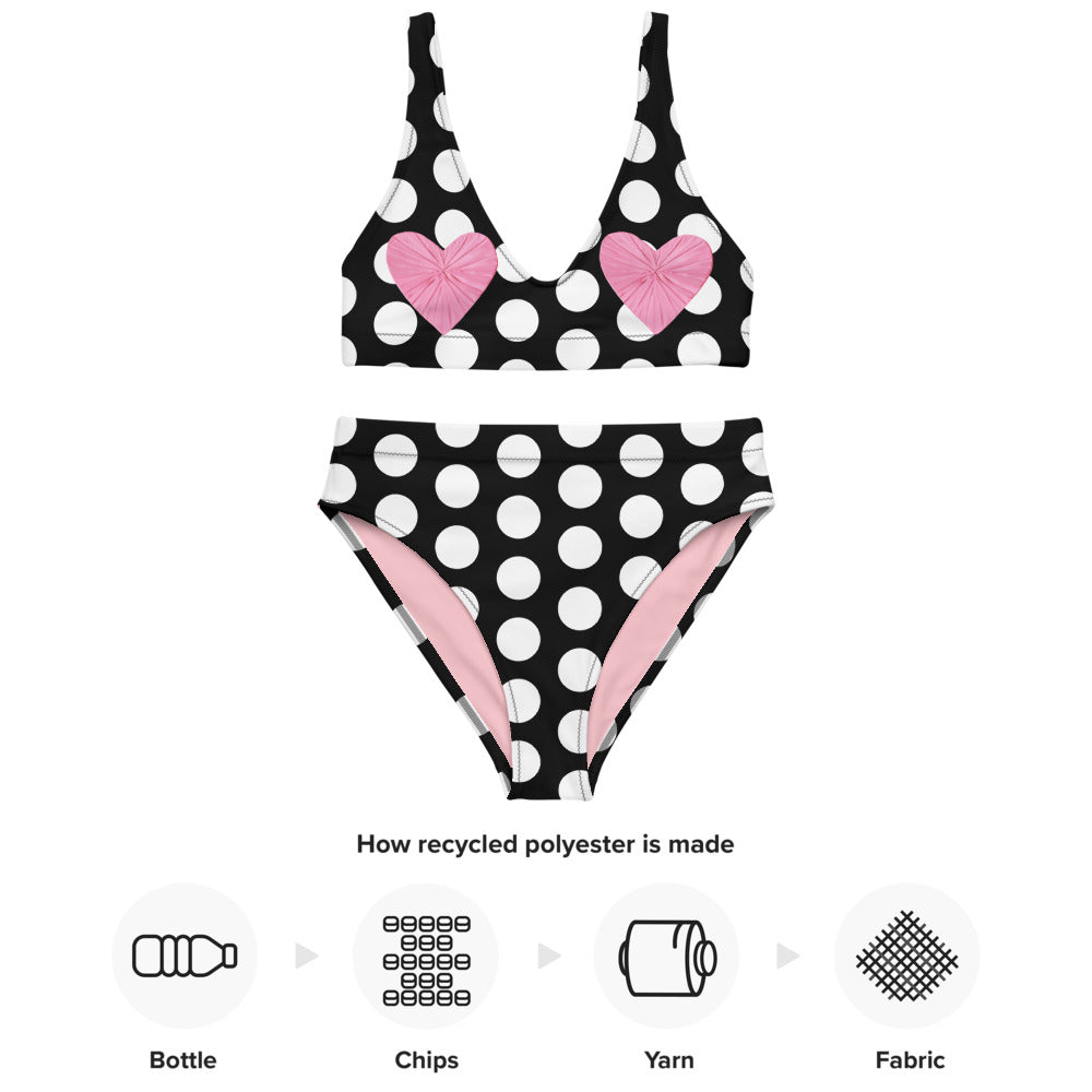 Les Polka Dots Black High Waisted Eco Bikini with Pink Hearts