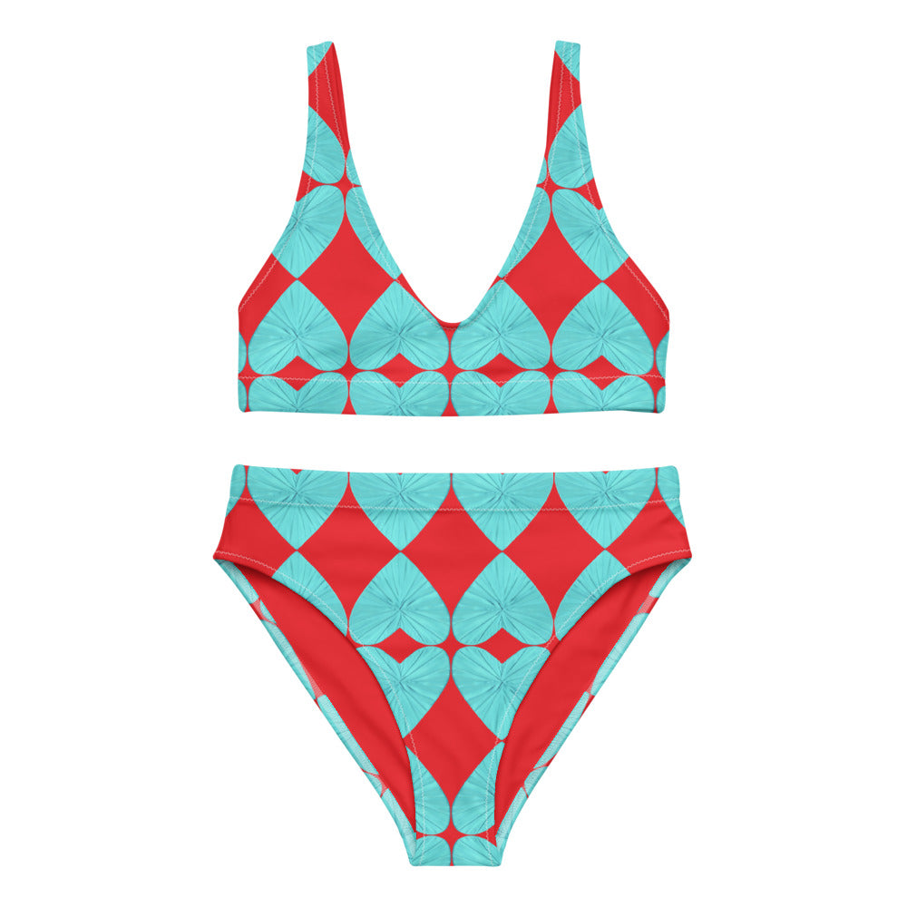 Harlequin Hearts Aqua and Red High Waisted Eco Bikini