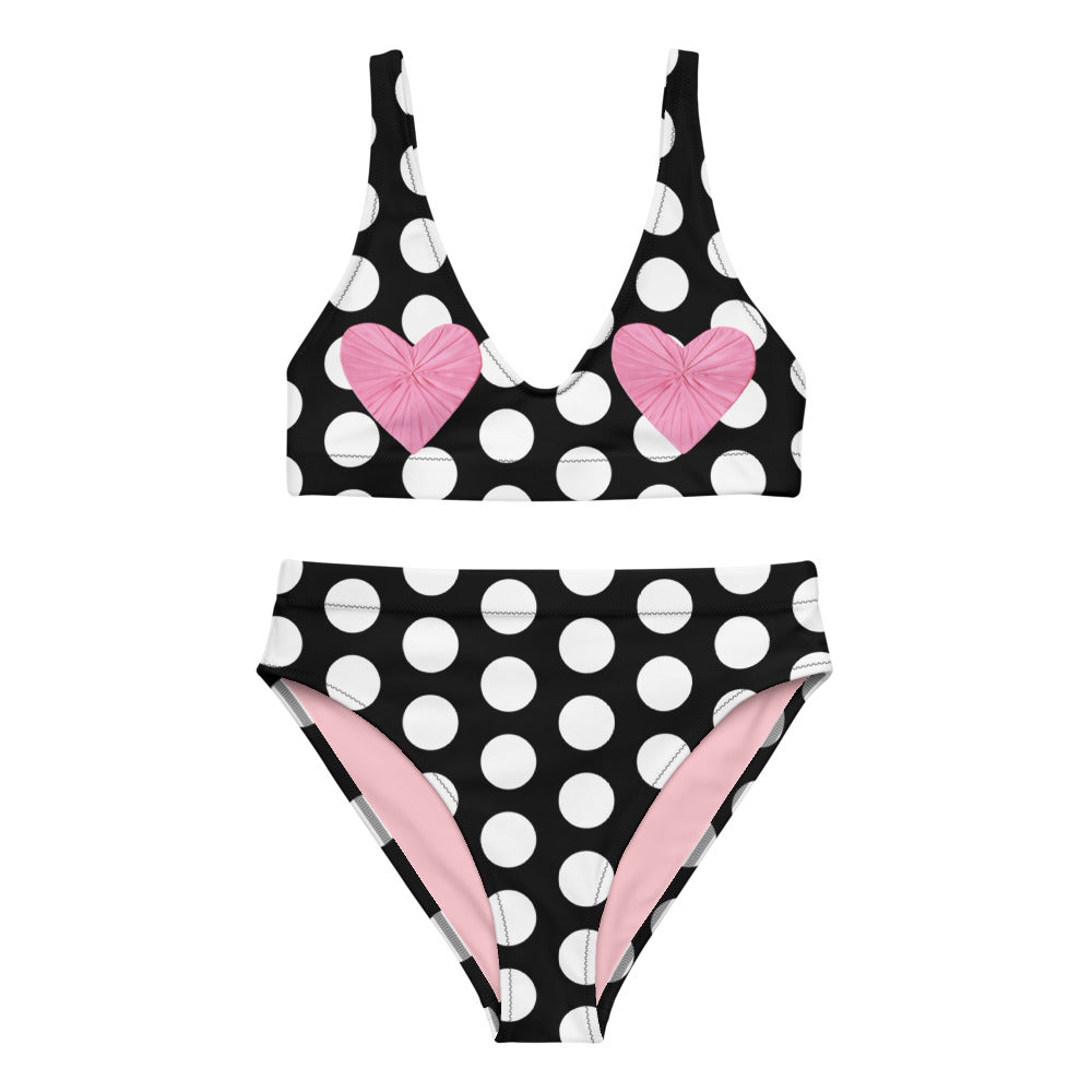 Les Polka Dots Black High Waisted Eco Bikini with Pink Hearts