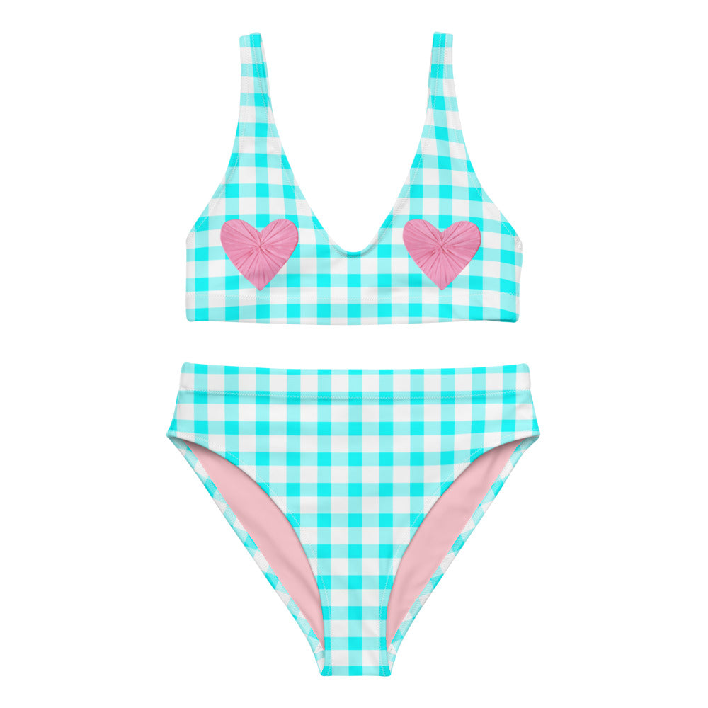 Gingham Bardot Aqua Eco High Waisted Bikini with Pink Hearts