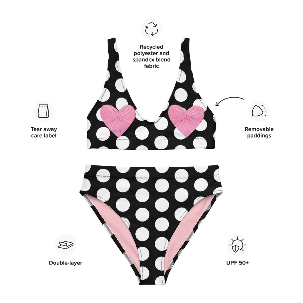 Les Polka Dots Black High Waisted Eco Bikini with Pink Hearts