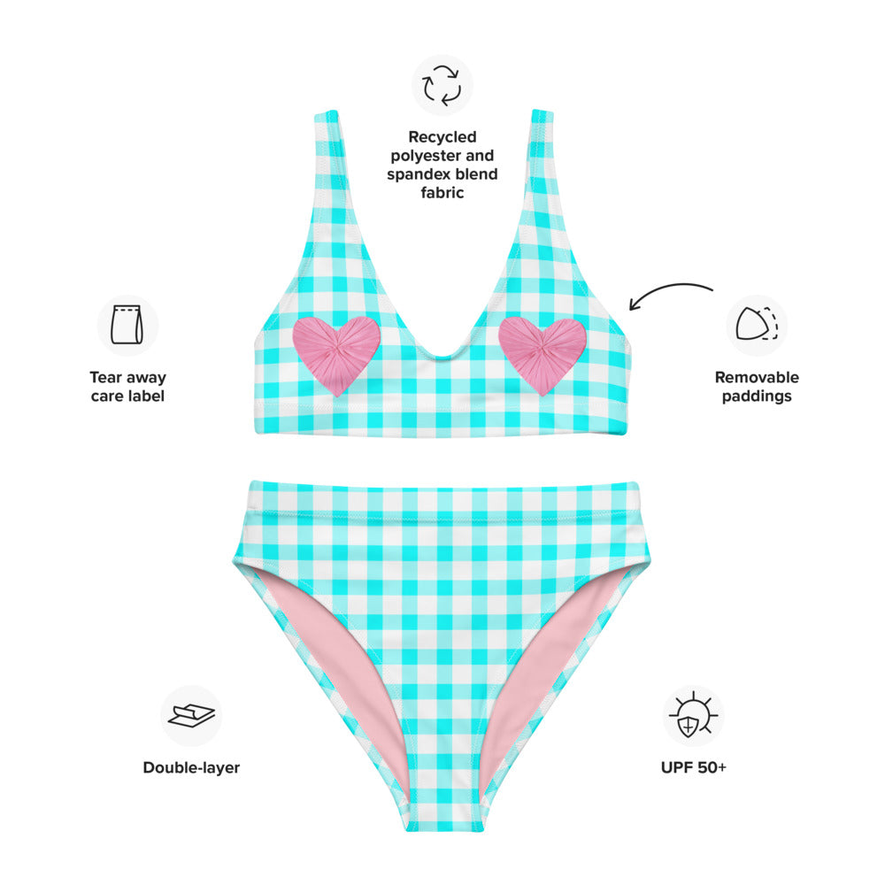 Gingham Bardot Aqua Eco High Waisted Bikini with Pink Hearts