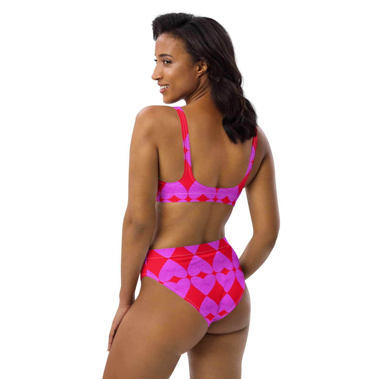 Harlequin Hearts Lilac and Red Eco High Waisted Bikini
