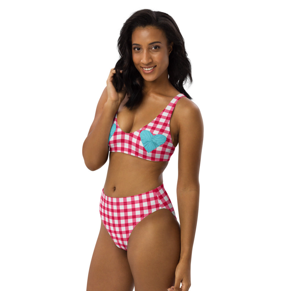 Gingham Pique-Nique Red High Waisted Eco Bikini with Aqua Hearts