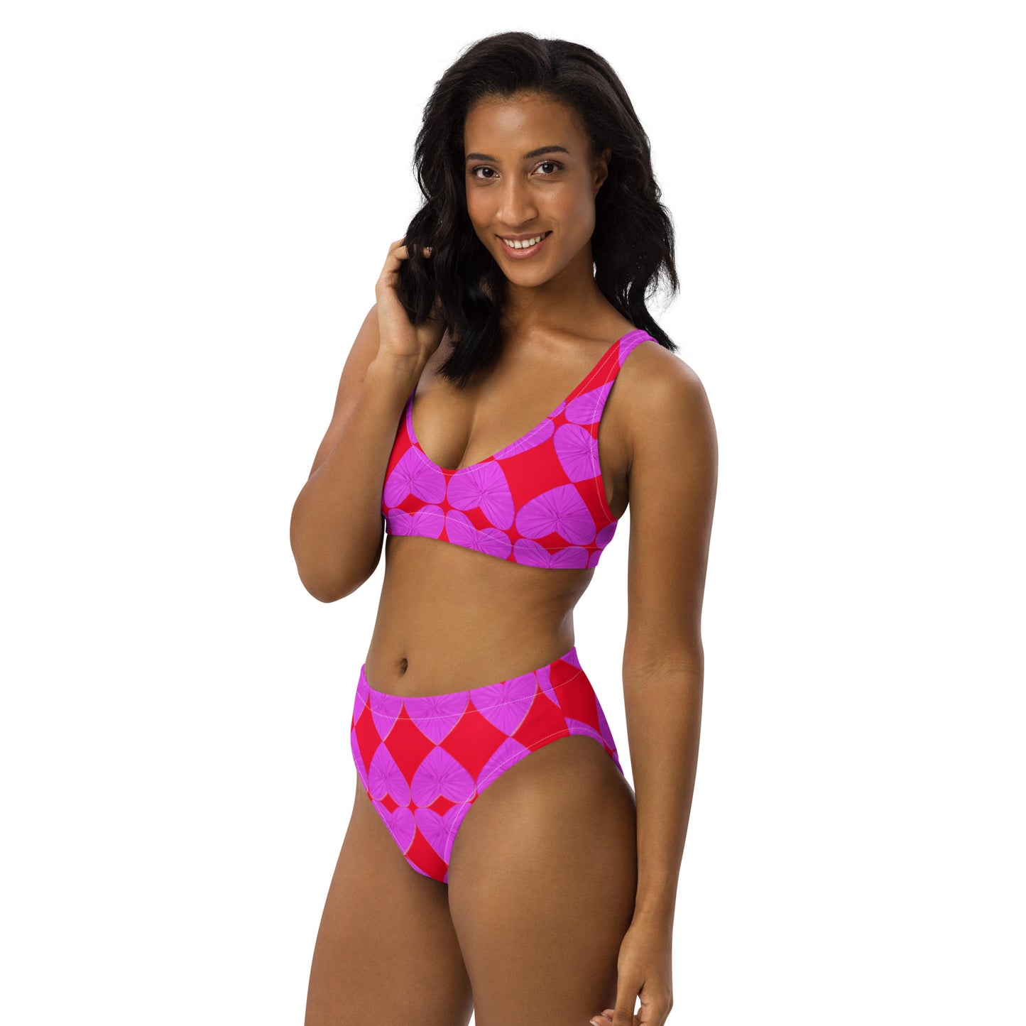 Harlequin Hearts Lilac and Red Eco High Waisted Bikini