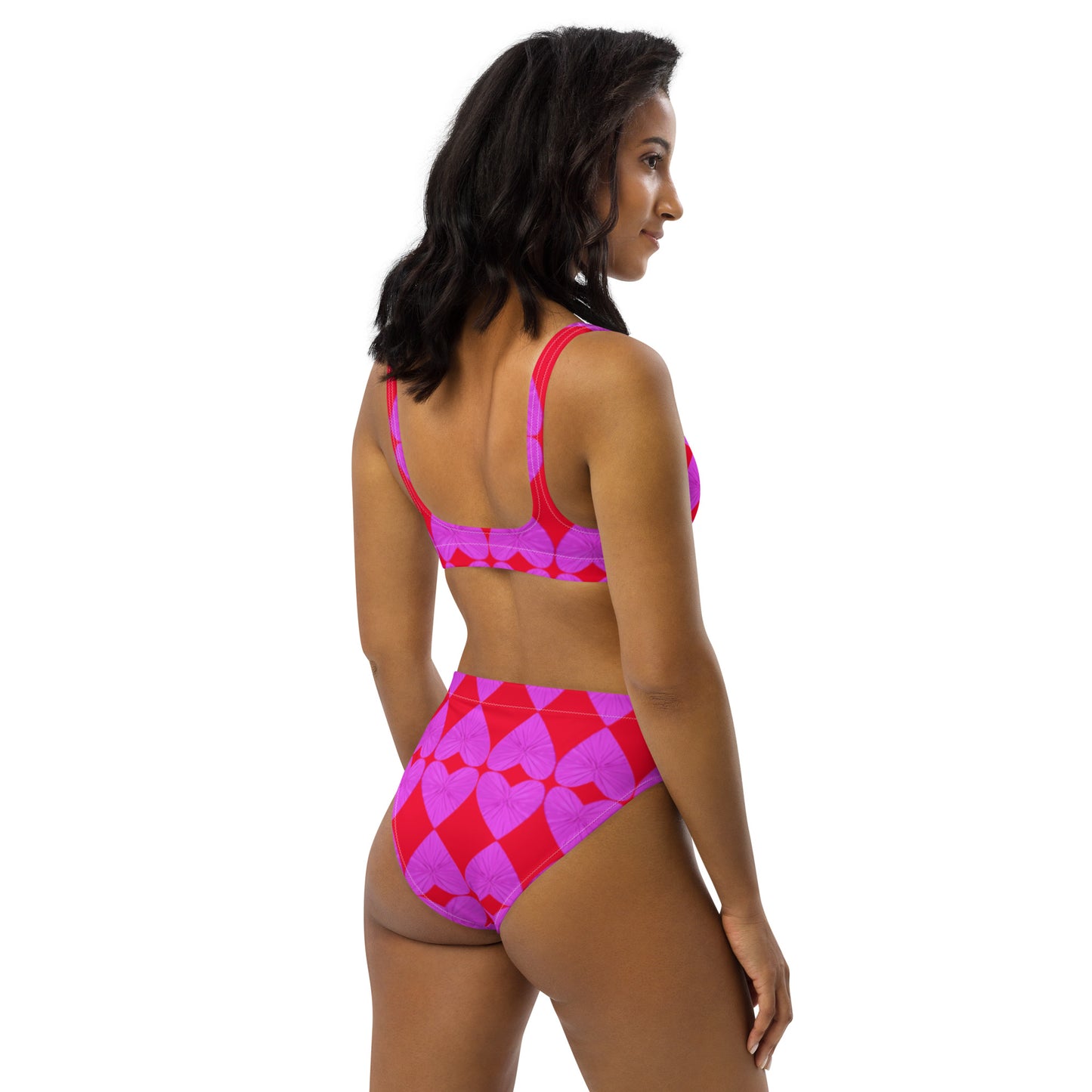 Harlequin Hearts Lilac and Red Eco High Waisted Bikini