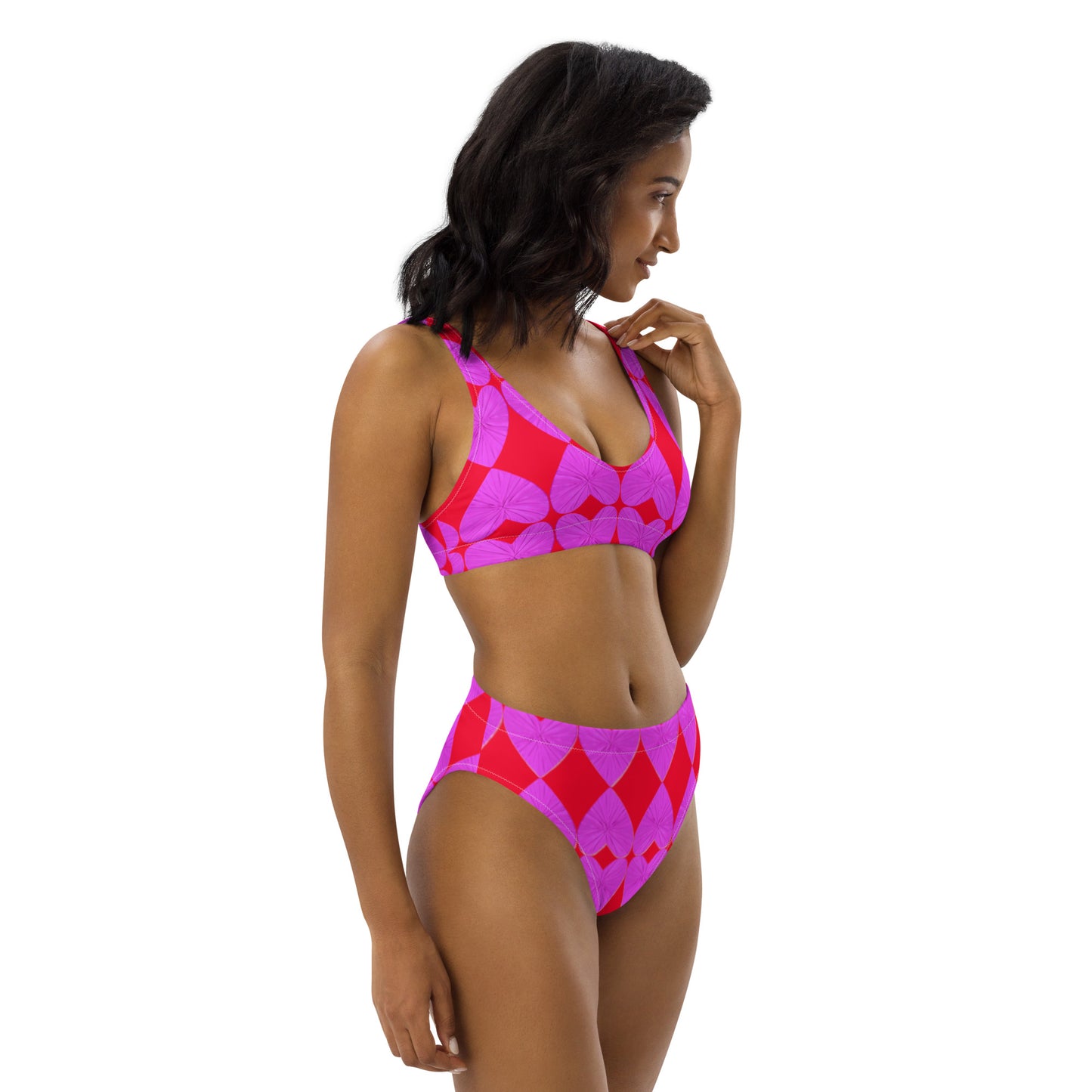 Harlequin Hearts Lilac and Red Eco High Waisted Bikini