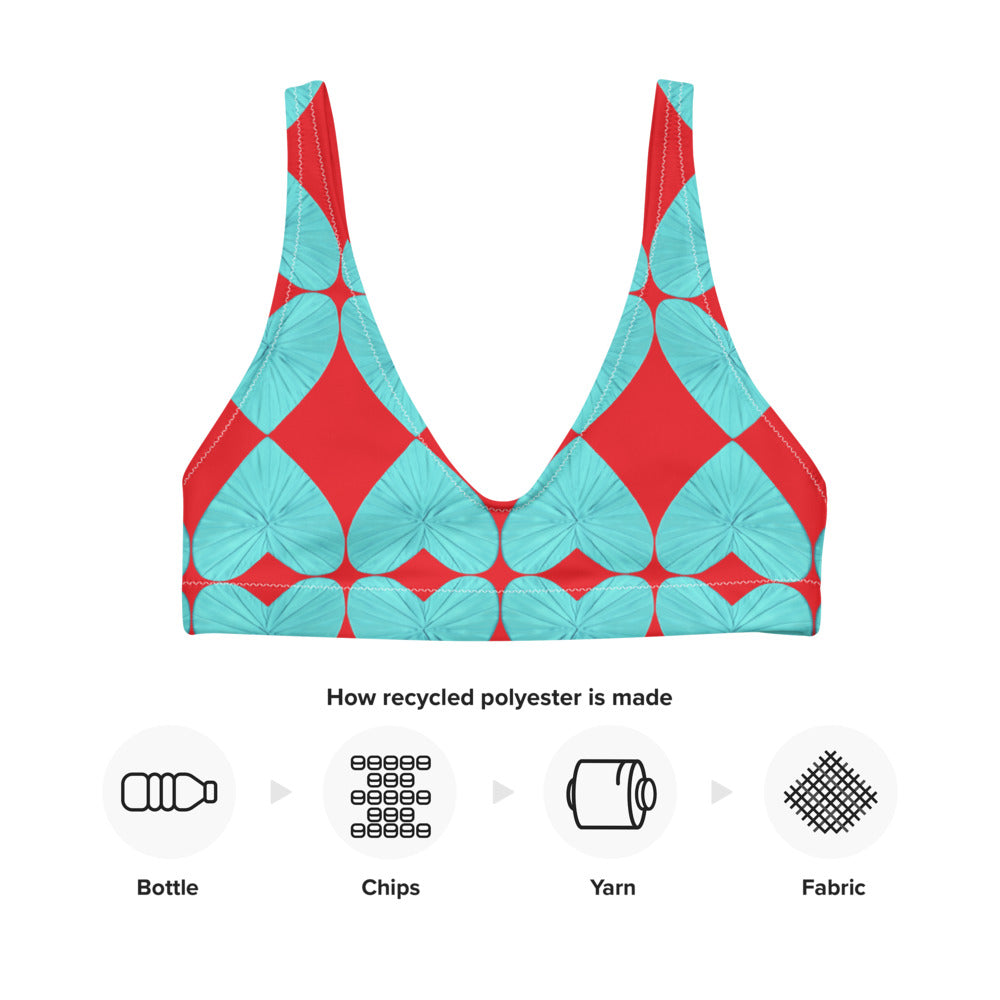 Harlequin Hearts Aqua and Red Eco Bikini Top