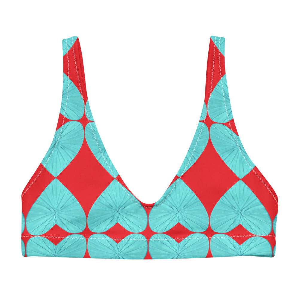 Harlequin Hearts Aqua and Red Eco Bikini Top