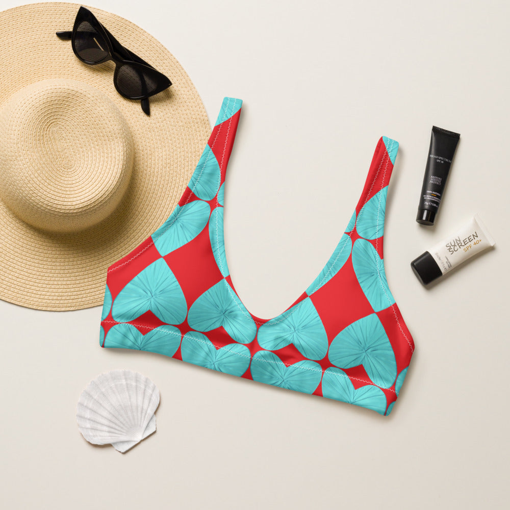 Harlequin Hearts Aqua and Red Eco Bikini Top