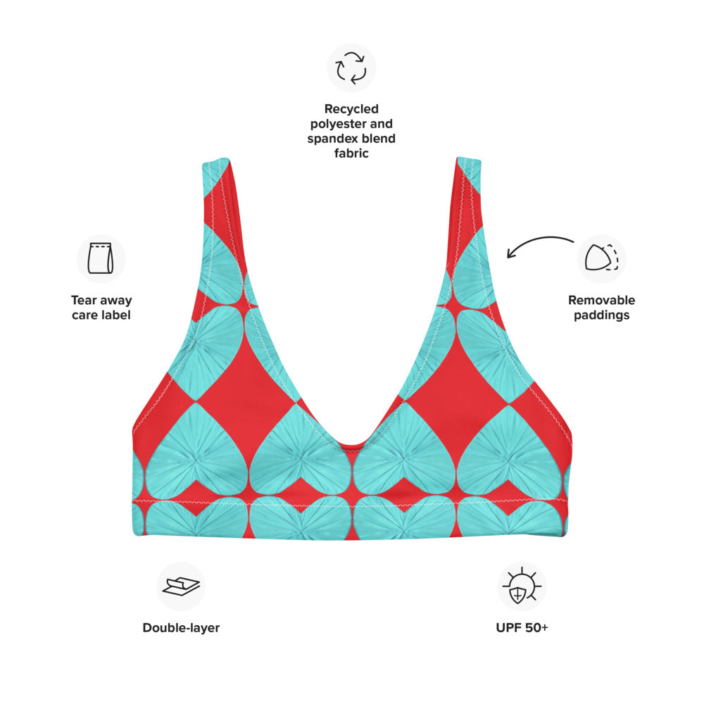 Harlequin Hearts Aqua and Red Eco Bikini Top