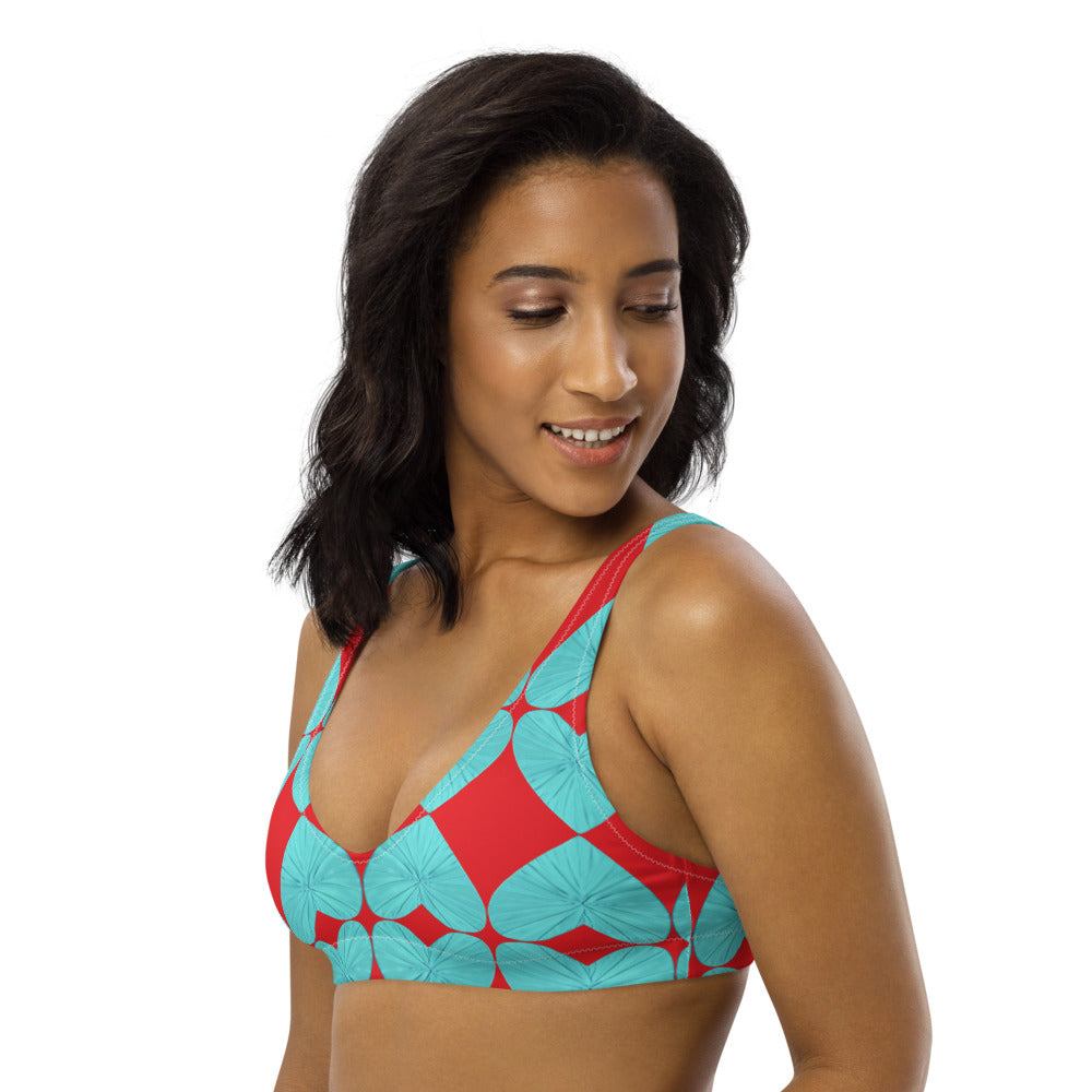 Harlequin Hearts Aqua and Red Eco Bikini Top