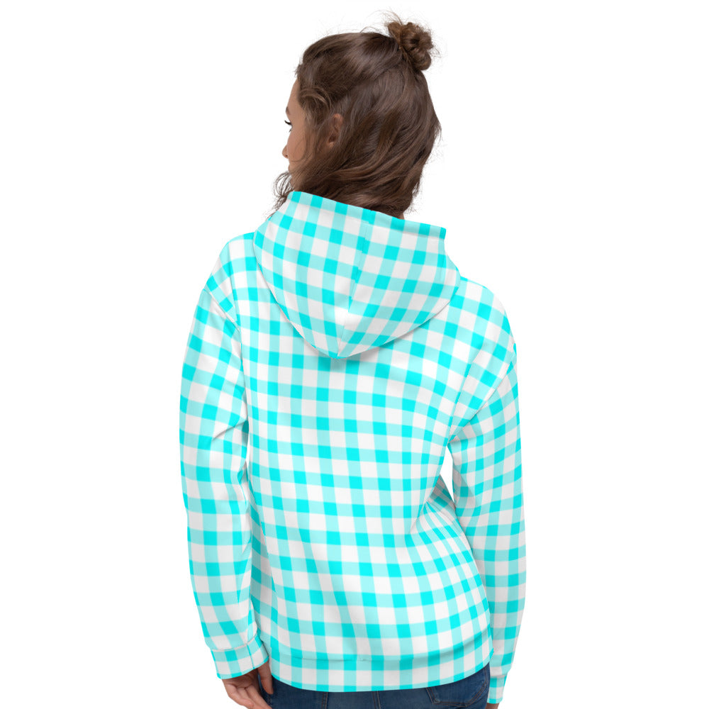 Gingham Bardot Aqua Soft Hooded Top with Pink Heart
