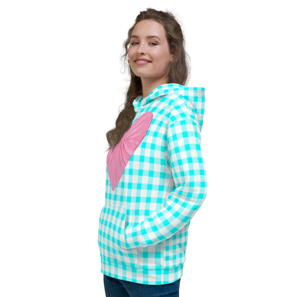 Gingham Bardot Aqua Soft Hooded Top with Pink Heart
