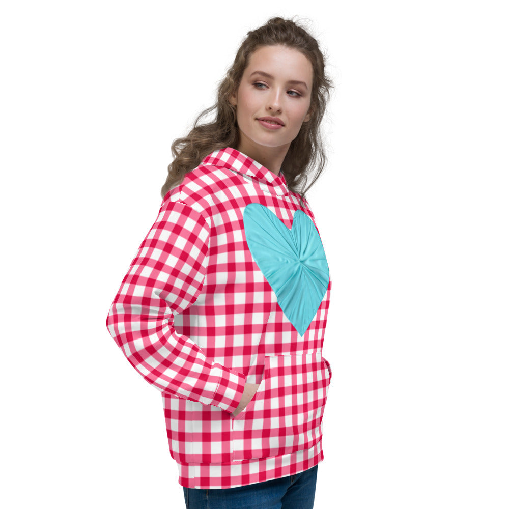 Gingham Pique-Nique Red Hooded Top With Aqua Heart