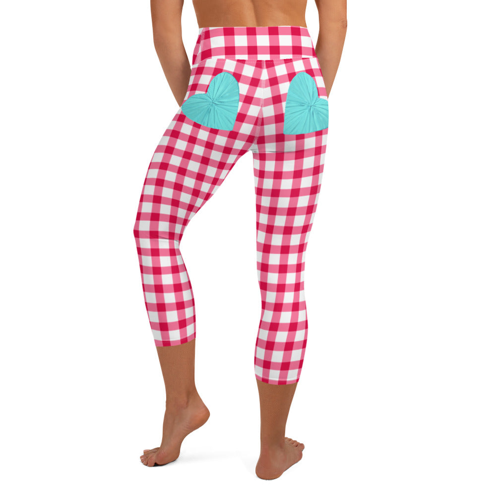 Gingham Pique-Nique High-Waisted Capri Leggings in Red with Aqua Hearts