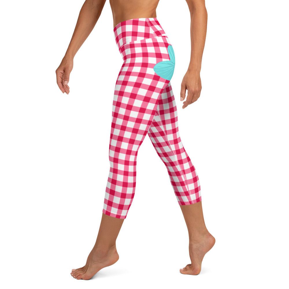 Gingham Pique-Nique High-Waisted Capri Leggings in Red with Aqua Hearts