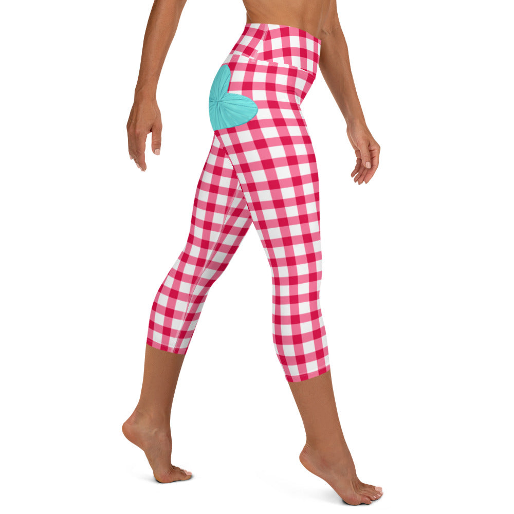 Gingham Pique-Nique High-Waisted Capri Leggings in Red with Aqua Hearts
