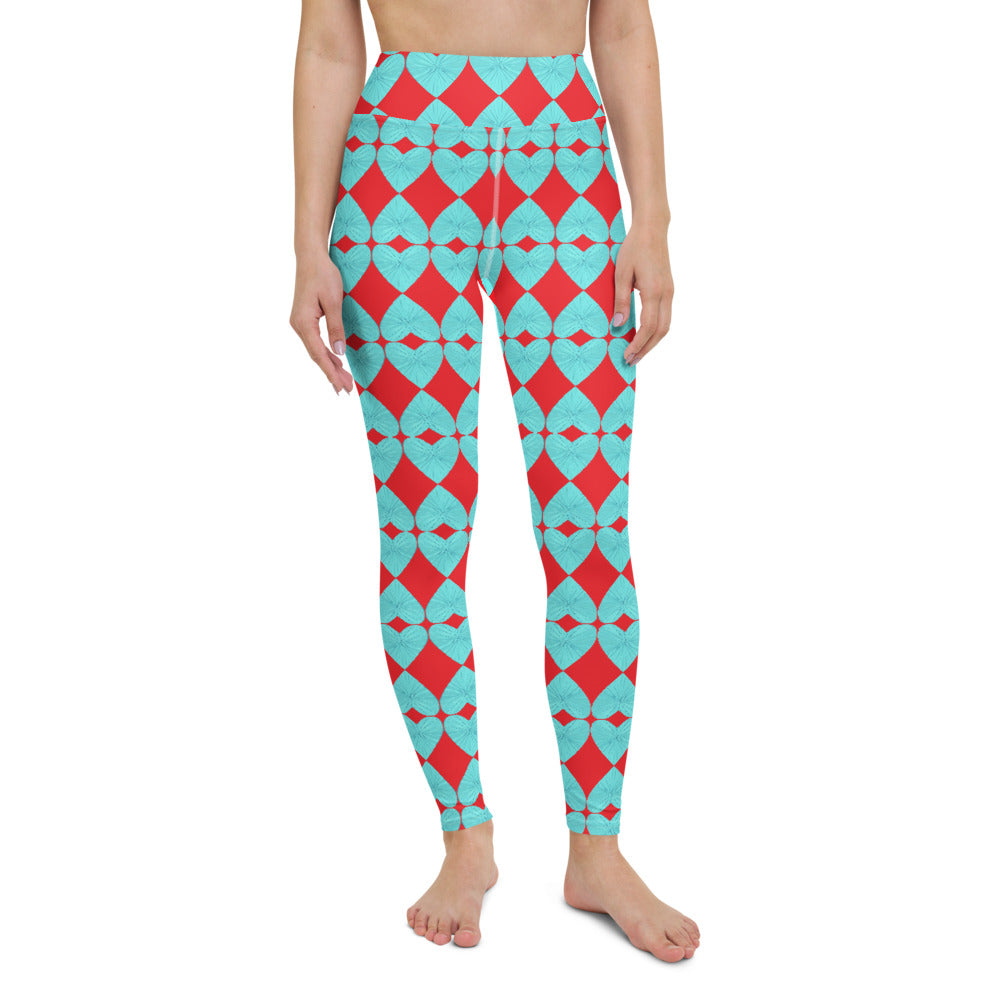Harlequin Hearts Aqua and Red High-Waisted Yoga Leggings