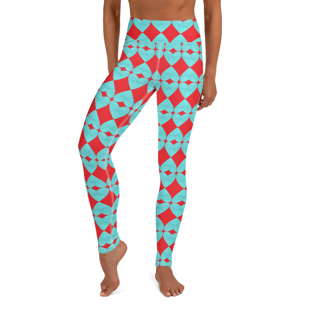 Harlequin Hearts Aqua and Red High-Waisted Yoga Leggings