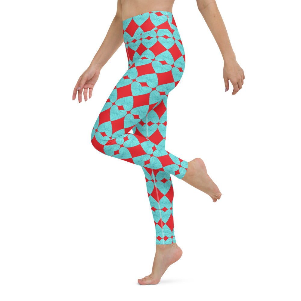 Harlequin Hearts Aqua and Red High-Waisted Yoga Leggings
