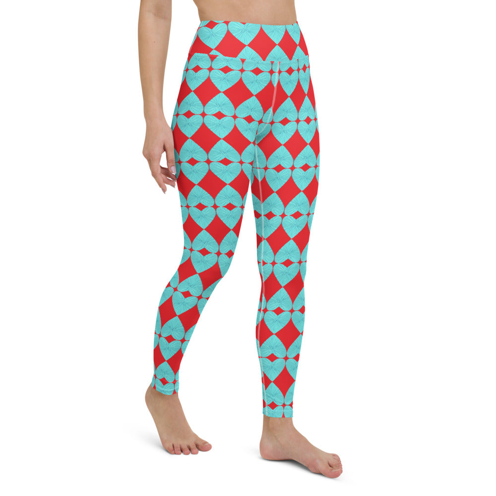Harlequin Hearts Aqua and Red High-Waisted Yoga Leggings