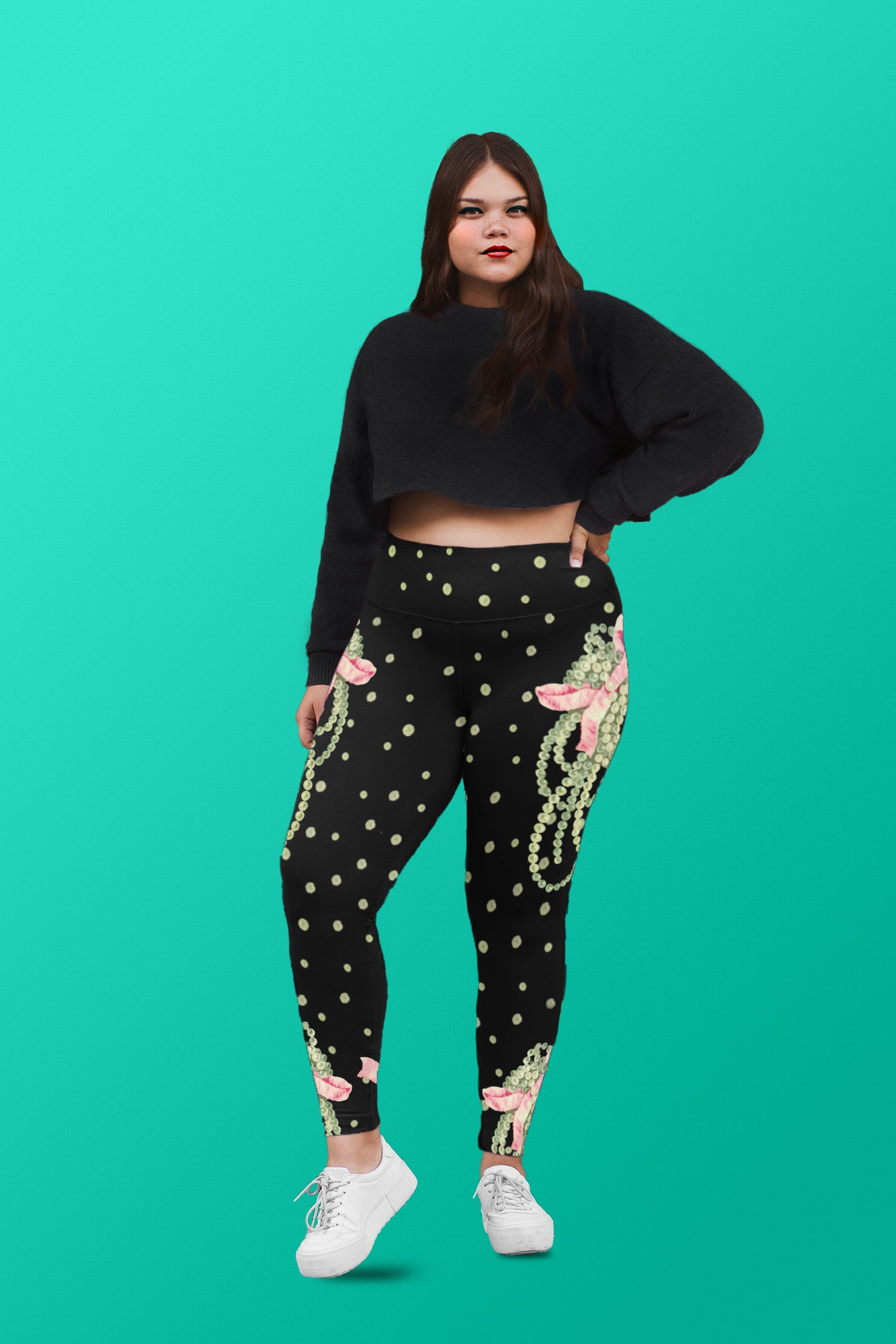 Vintage Pearl Statement Black Curve High Waisted Leggings