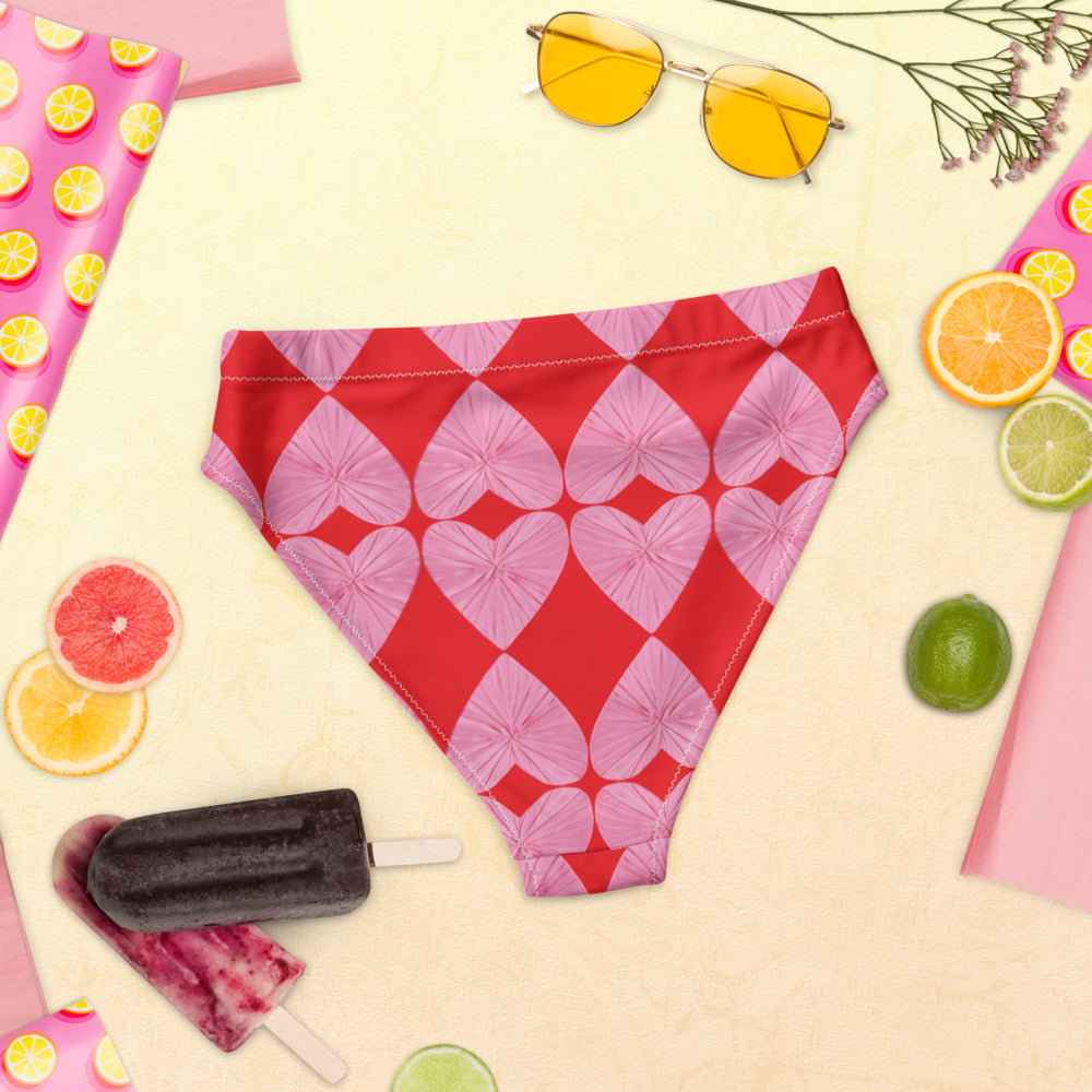 Harlequin Hearts Pink and Red High Waisted Eco Bikini Bottom