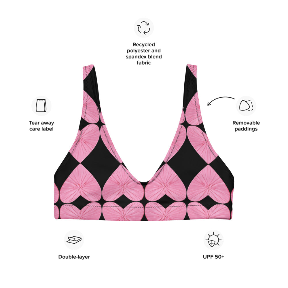 Harlequin Hearts Pink and Black Eco Bikini Top