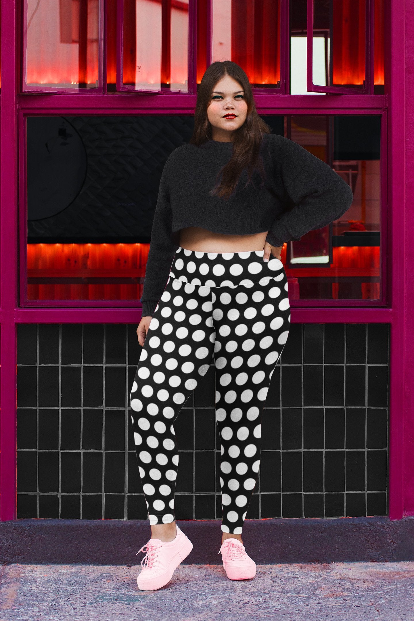 Les Polka Dots High-Waisted Yoga Leggings With Pink Hearts