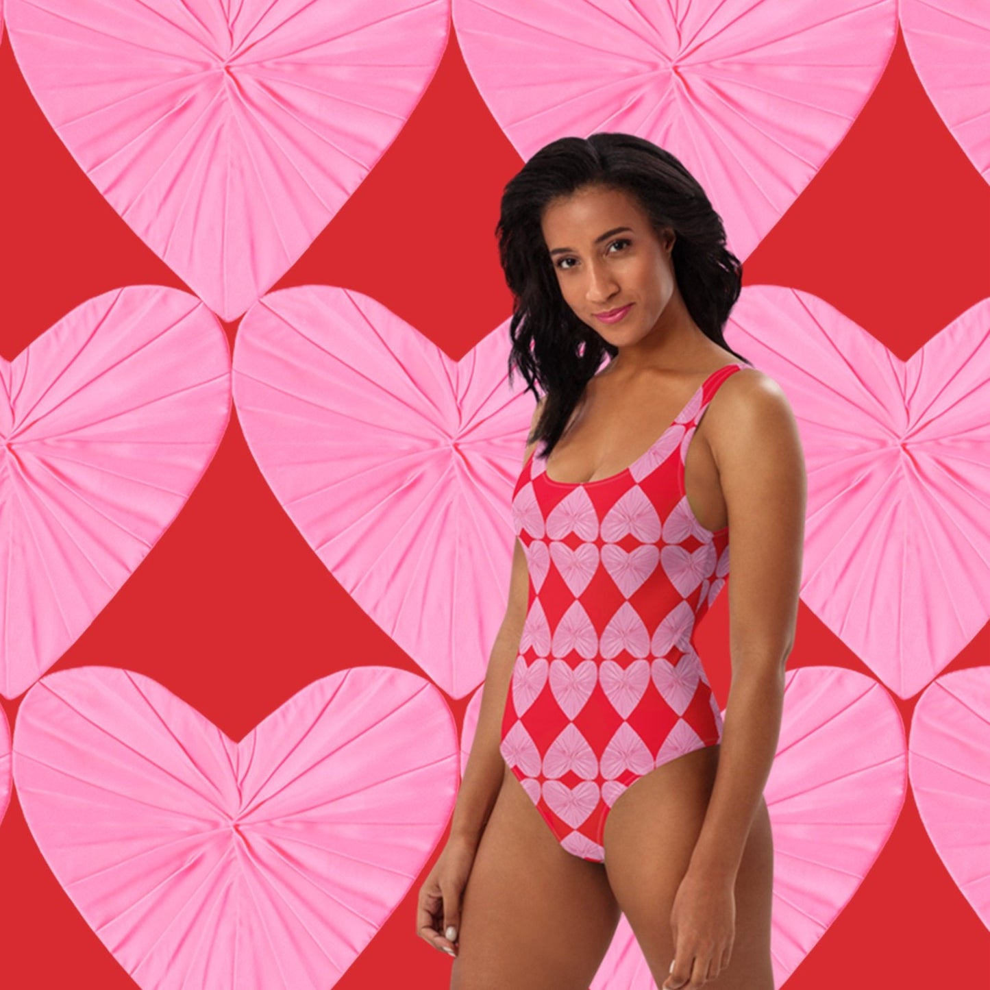 Harlequin Hearts Pink and Red One Piece Swimsuit