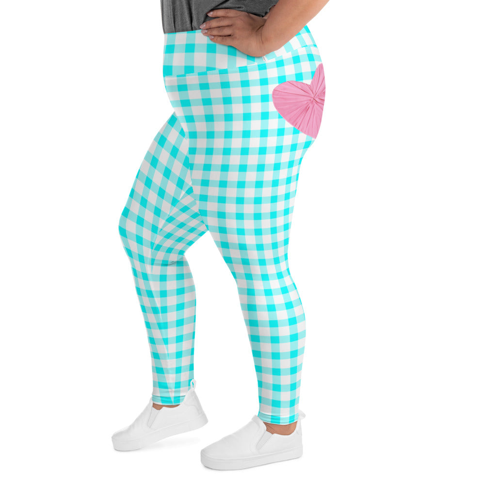 Gingham Bardot Curve High Waisted Leggings in Aqua and White with Pink Hearts