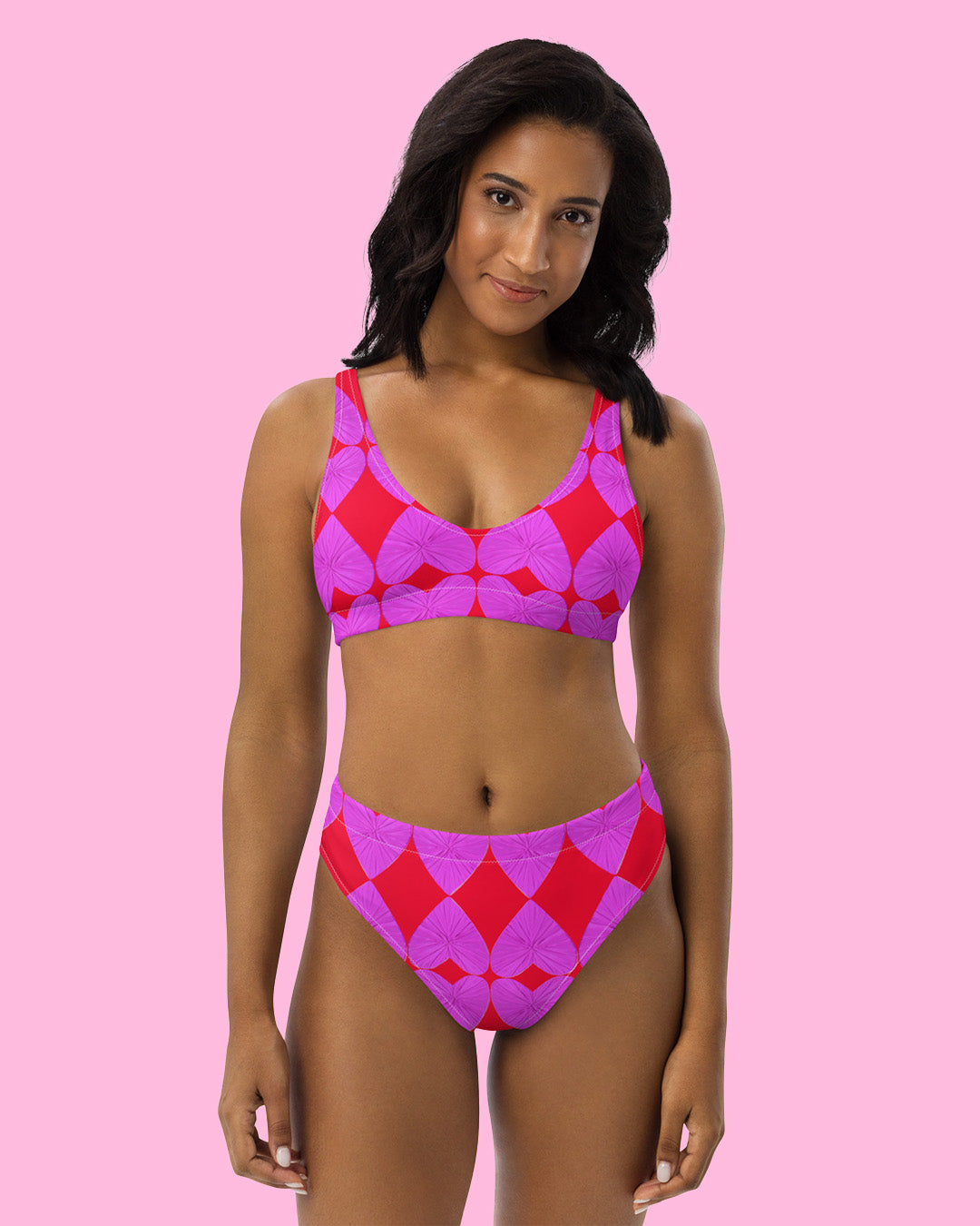 Harlequin Hearts Lilac and Red Eco High Waisted Bikini
