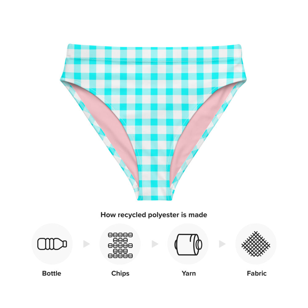 Gingham Bardot Aqua Eco High Waisted Bikini Bottom with Pink Heart